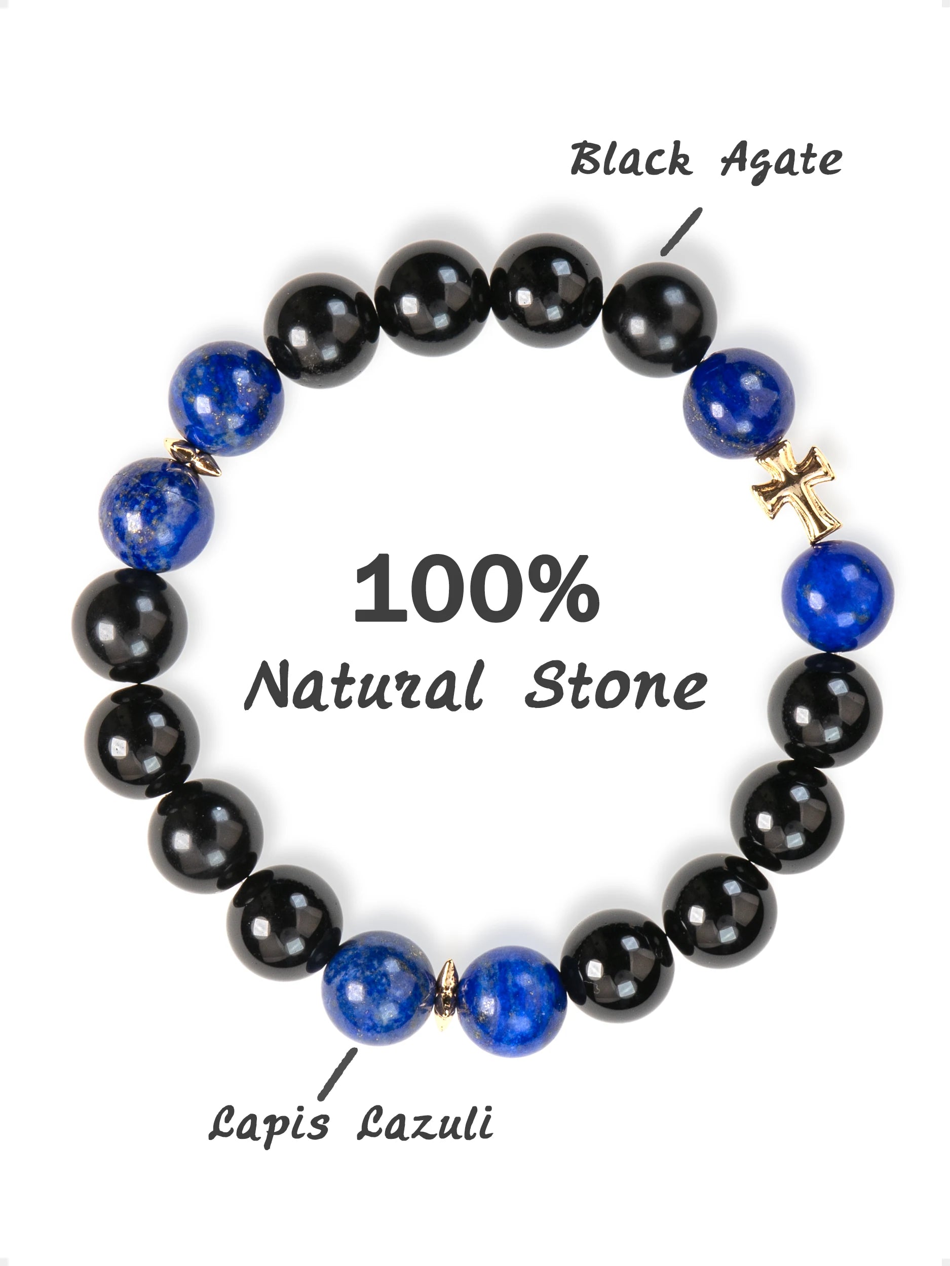 SENLLY Midnight Cross - Beaded Stretch Bracelet with Lapis Lazuli & Black Agate, Handcrafted Natural Stone Jewelry with Gold Accents for Strength, Clarity & Modern Style