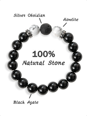 SENLLY Shadow Harmony - Beaded Stretch Bracelet with Black Agate, Howlite & Silver Obsidian, Handcrafted Natural Stone Jewelry for Balance, Clarity & Grounding