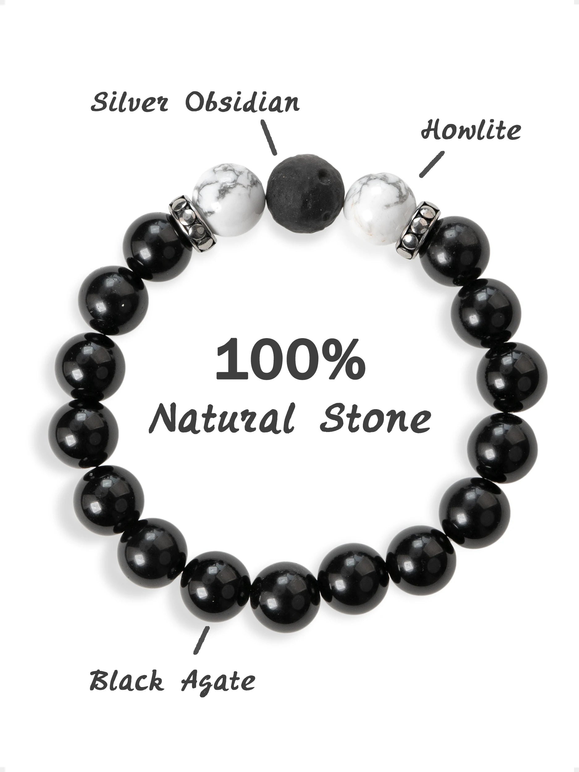 SENLLY Shadow Harmony - Beaded Stretch Bracelet with Black Agate, Howlite & Silver Obsidian, Handcrafted Natural Stone Jewelry for Balance, Clarity & Grounding