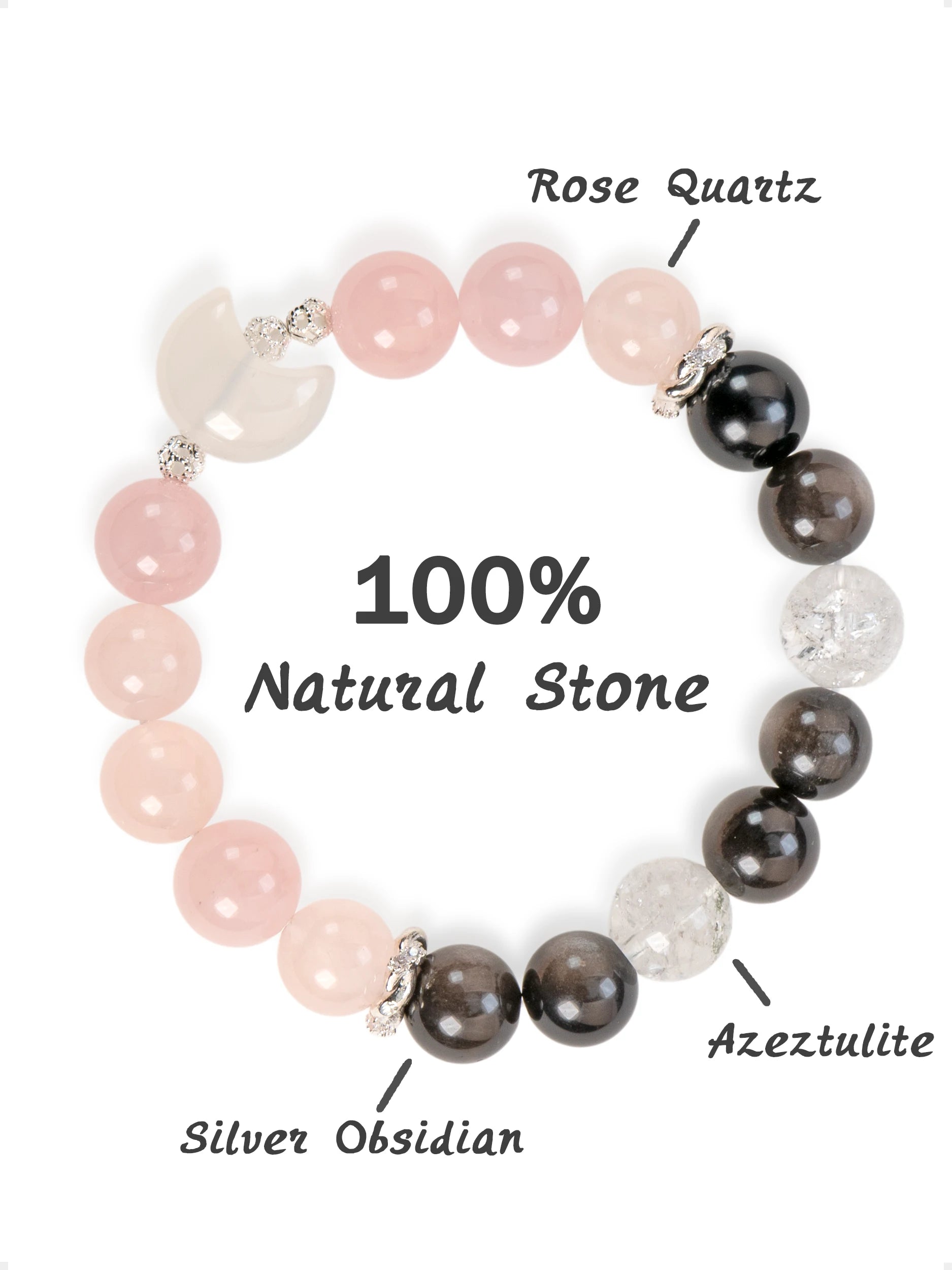 SENLLY Moonlit Affection - Natural Rose Quartz, Silver Obsidian & Azeztulite Beaded Bracelet, Handcrafted Natural Stone Jewelry for Harmony, Clarity & Emotional Balance