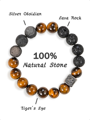 SENLLY Ember Guard - Beaded Stretch Bracelet with Natural Tiger Eye, Lava Rock & Silver Obsidian, Handcrafted Natural Stone Jewelry for Strength, Focus & Grounding