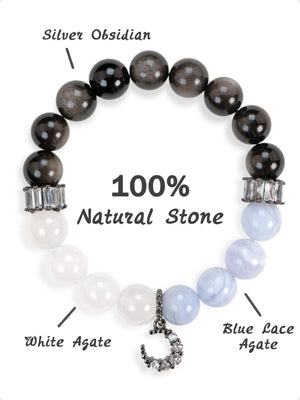 SENLLY Moonlit Purity - Beaded Bracelet with Silver Obsidian, White Agate & Blue Lace Agate, Handmade Natural Stone Jewelry with Crescent Charm for Protection & Emotional Calm