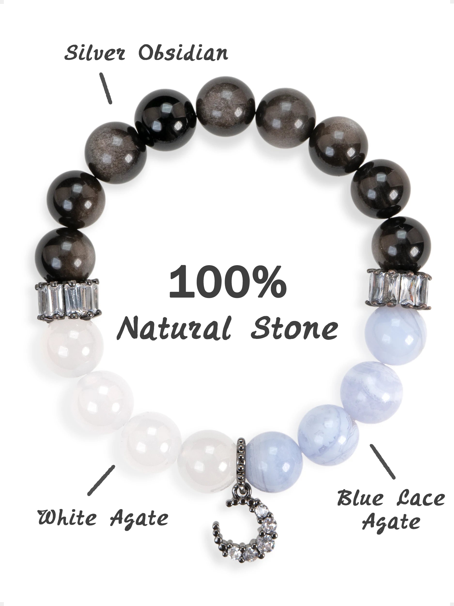 SENLLY Moonlit Purity - Beaded Bracelet with Silver Obsidian, White Agate & Blue Lace Agate, Handmade Natural Stone Jewelry with Crescent Charm for Protection & Emotional Calm