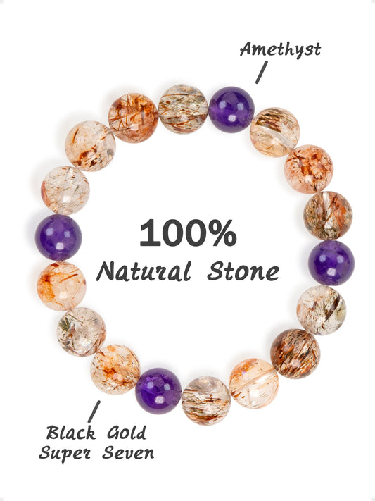 SENLLY Aurora Flame - Beaded Stretch Bracelet with Black Gold Super Seven & Amethyst, Handcrafted Natural Stone Jewelry for Energy, Intuition & Balance