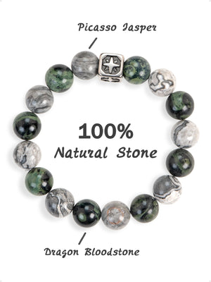 SENLLY Stone Crest - Beaded Stretch Bracelet with Natural Picasso Jasper, Dragon Bloodstone & Metal Accent, Handcrafted Natural Stone Jewelry for Strength, Balance & Clarity