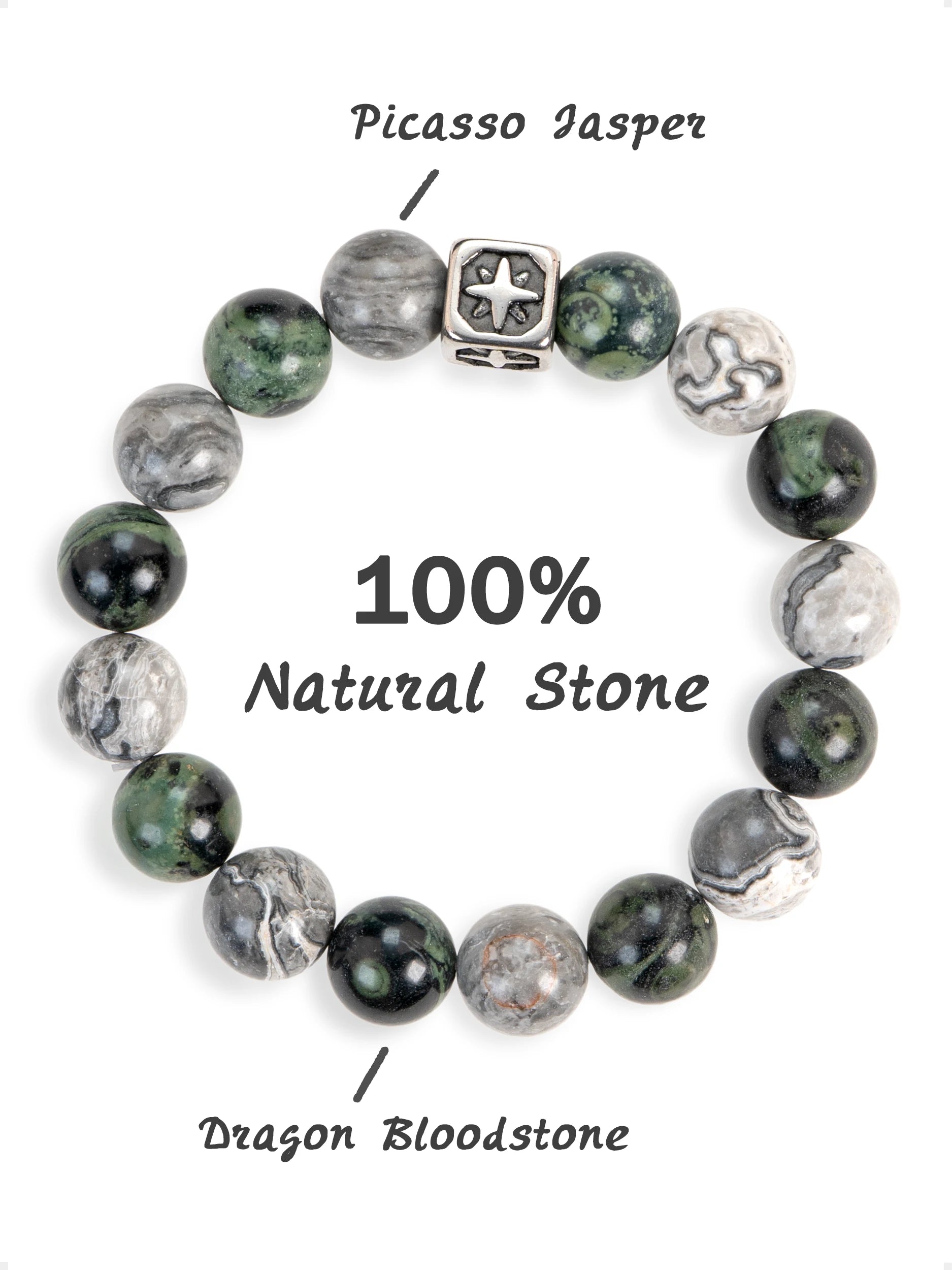 SENLLY Stone Crest - Beaded Stretch Bracelet with Natural Picasso Jasper, Dragon Bloodstone & Metal Accent, Handcrafted Natural Stone Jewelry for Strength, Balance & Clarity