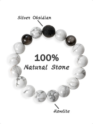 SENLLY Frosted Balance - Beaded Stretch Bracelet with Howlite & Silver Obsidian, Handcrafted Natural Stone Jewelry for Clarity, Calm & Grounding