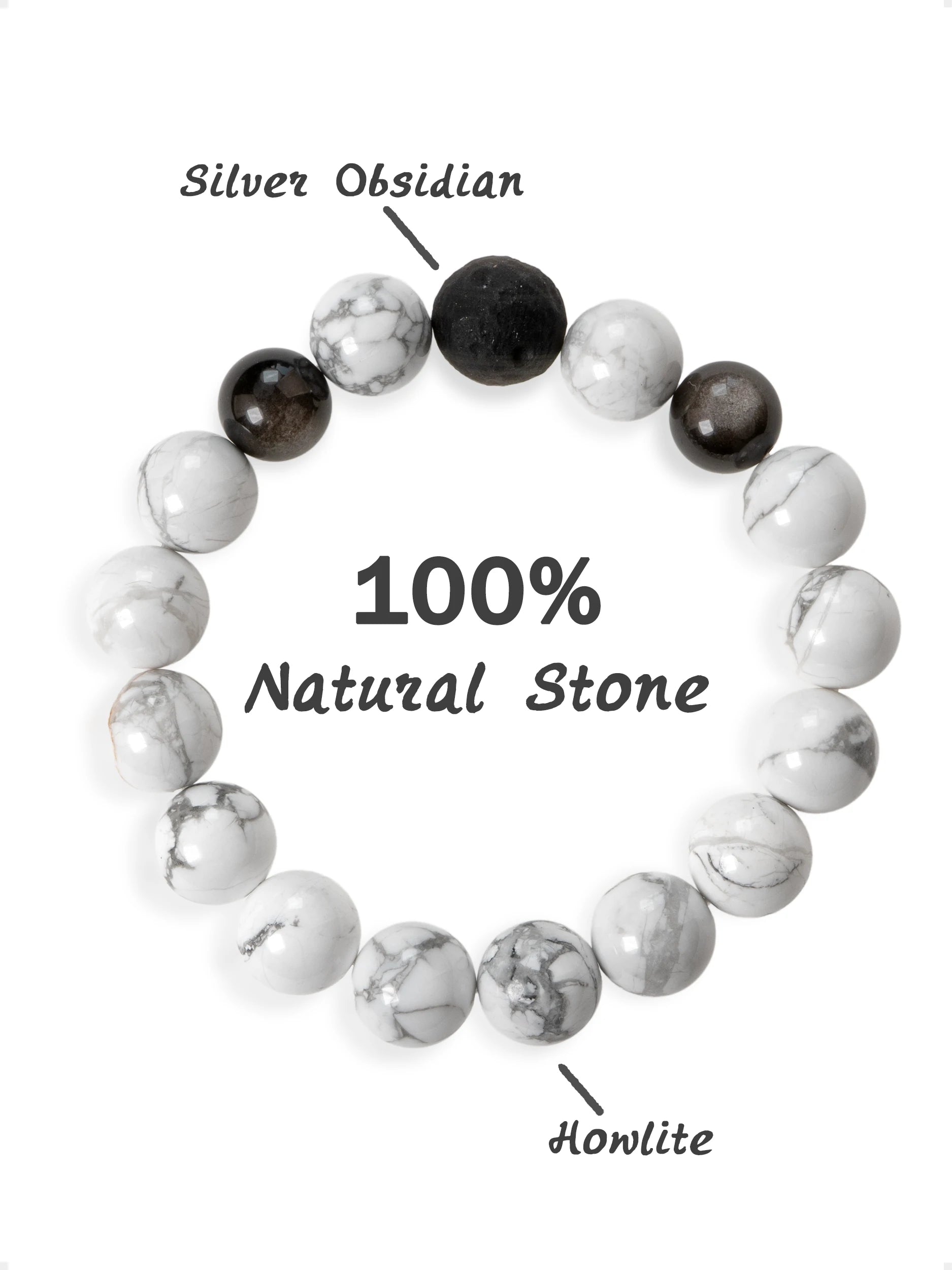 SENLLY Frosted Balance - Beaded Stretch Bracelet with Howlite & Silver Obsidian, Handcrafted Natural Stone Jewelry for Clarity, Calm & Grounding