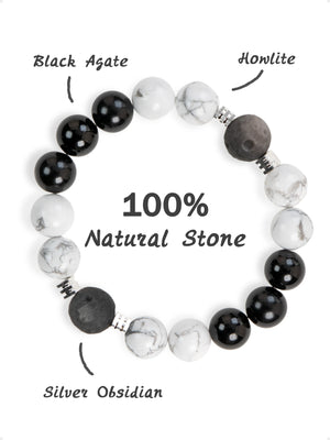 SENLLY Monochrome Balance - Beaded Stretch Bracelet with Black Agate, Howlite & Silver Obsidian, Handmade Natural Stone Jewelry for Calm, Clarity & Balance
