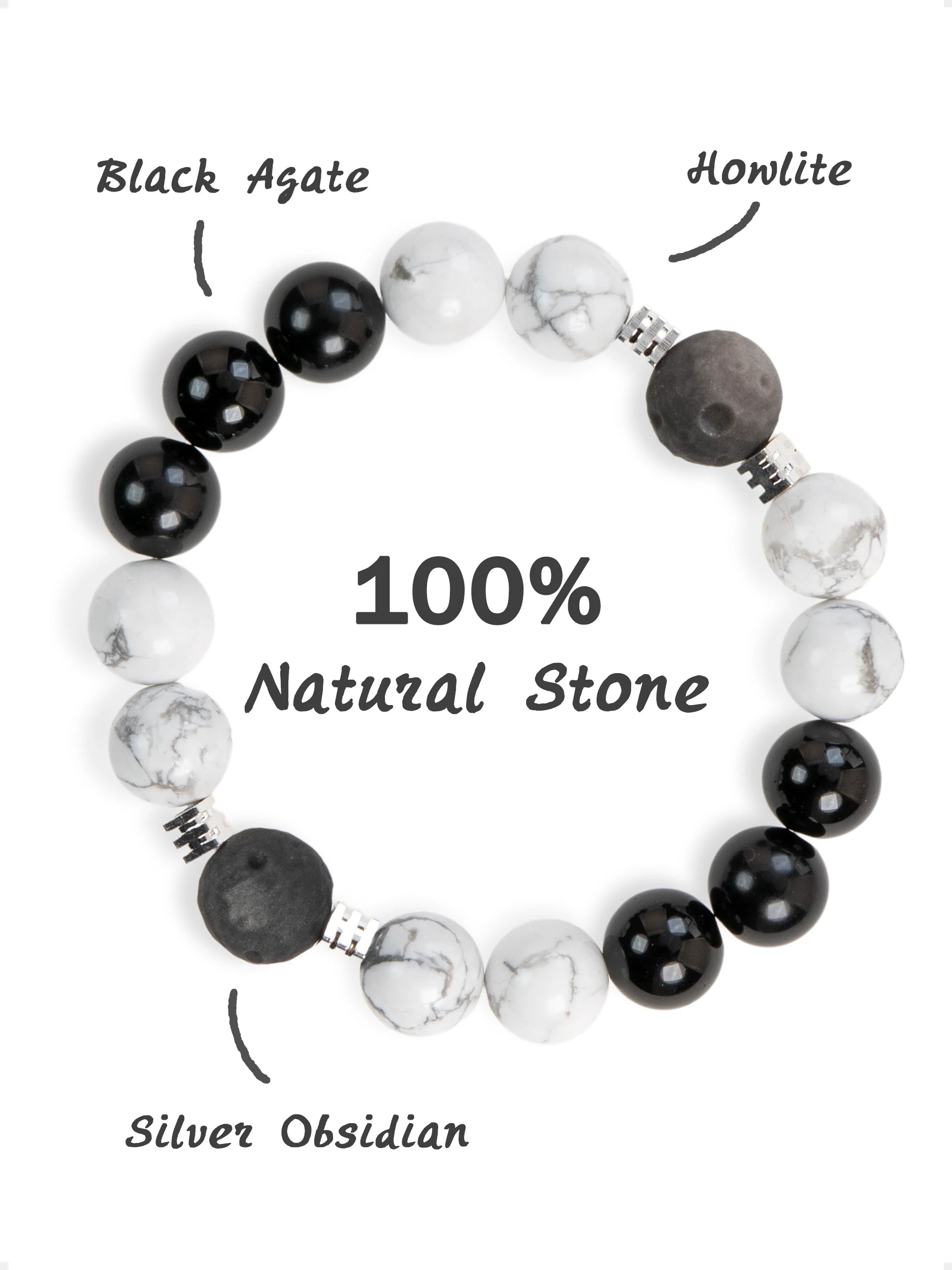 SENLLY Monochrome Balance - Beaded Stretch Bracelet with Black Agate, Howlite & Silver Obsidian, Handmade Natural Stone Jewelry for Calm, Clarity & Balance
