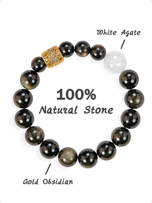 SENLLY Midnight Shield - Beaded Stretch Bracelet with Natural Gold Obsidian & White Agate, Handcrafted Natural Stone Jewelry for Protection & Strength