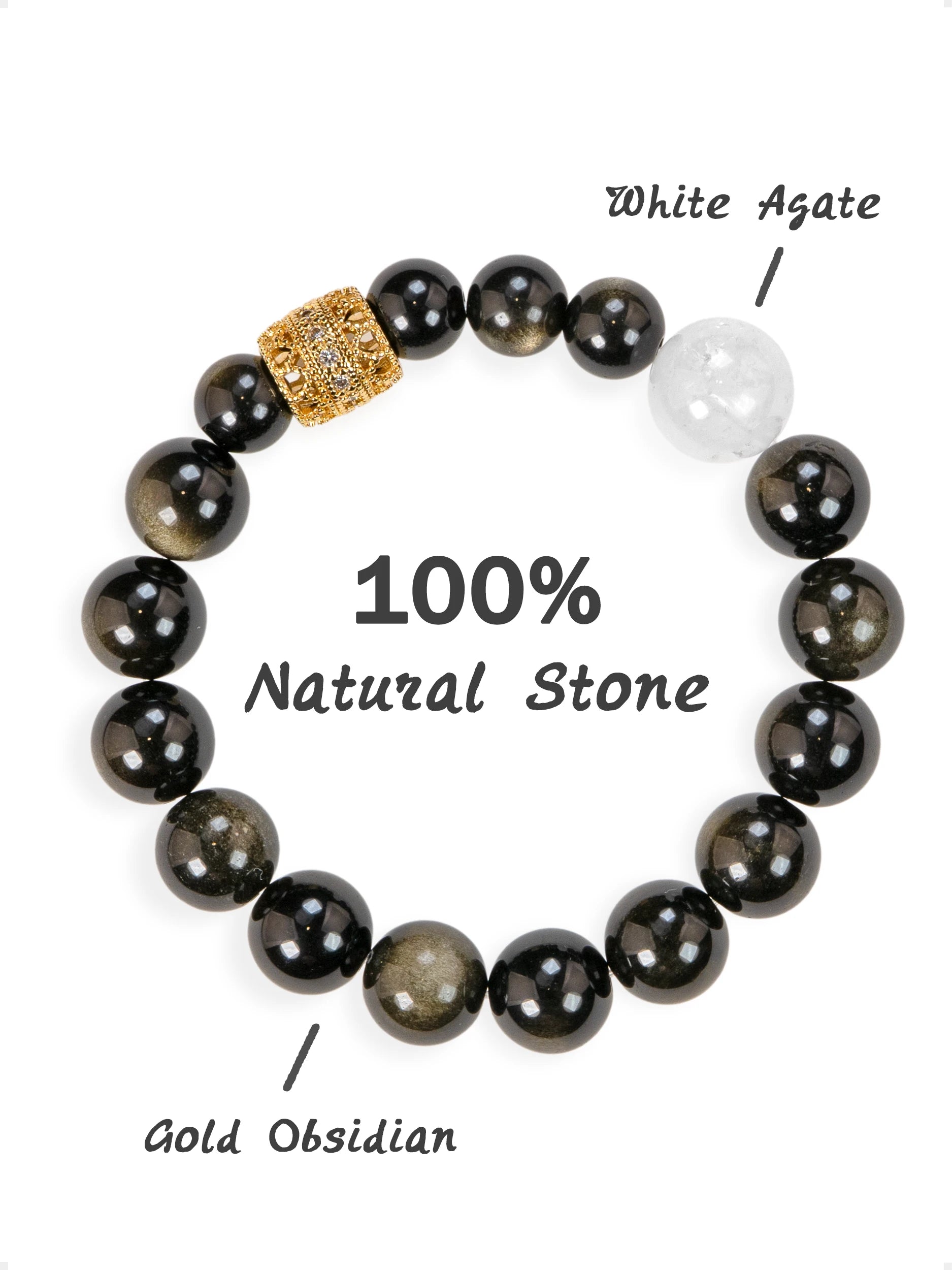 SENLLY Midnight Shield - Beaded Stretch Bracelet with Natural Gold Obsidian & White Agate, Handcrafted Natural Stone Jewelry for Protection & Strength