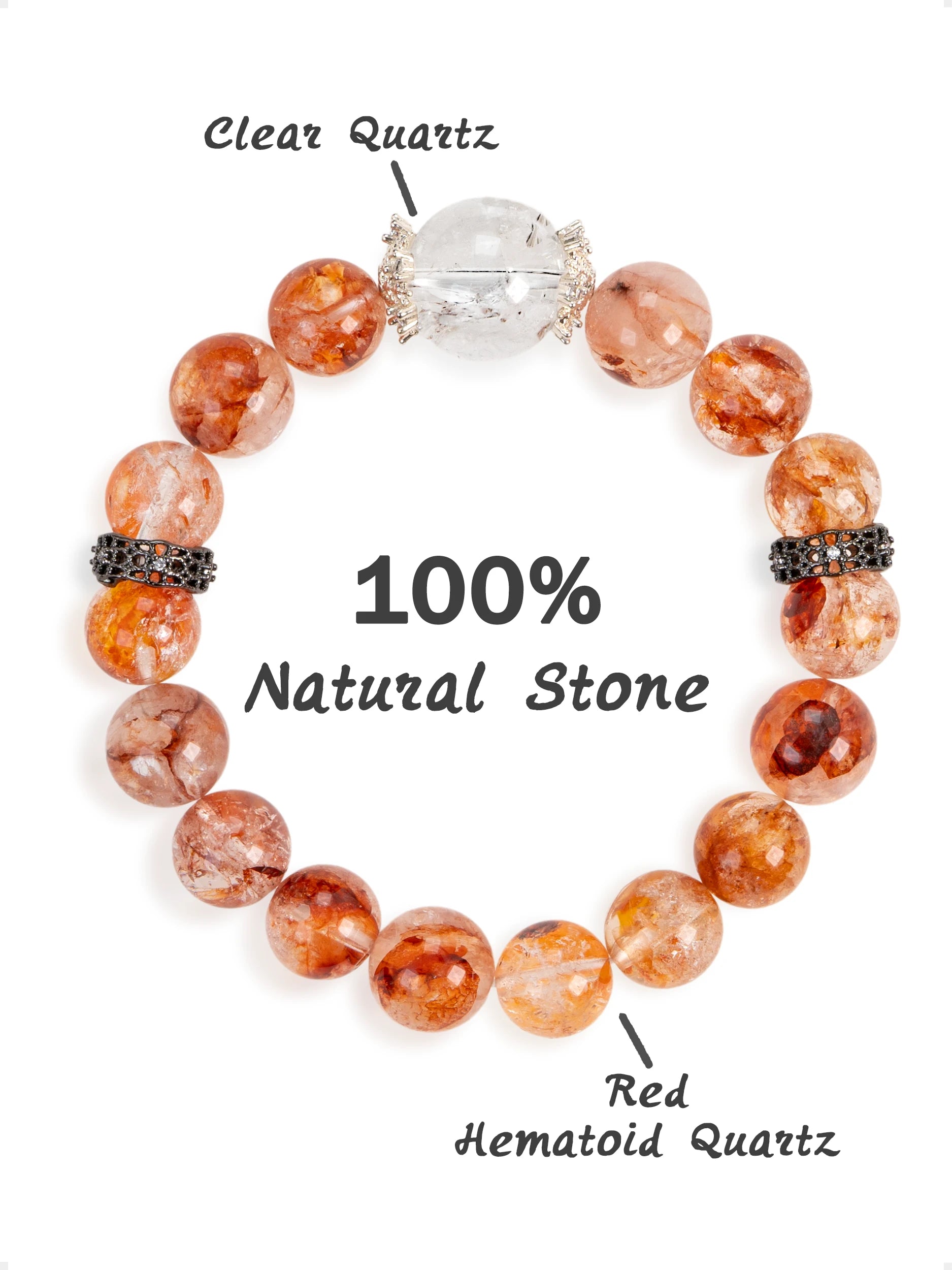 SENLLY Sunlit Harmony - Beaded Stretch Bracelet with Natural Red Hematoid Quartz & Clear Quartz, Handcrafted Natural Stone Jewelry for Vitality, Clarity & Emotional Balance
