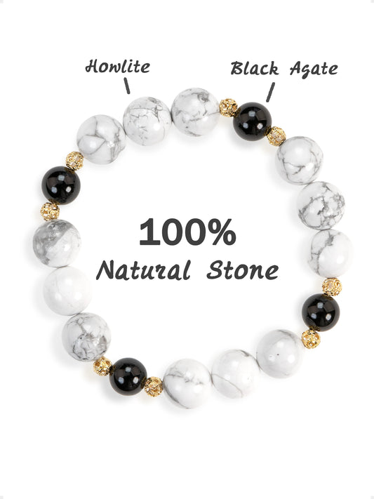 SENLLY Marble Clarity - Beaded Stretch Bracelet with Natural Howlite & Black Agate, Handcrafted Natural Stone Jewelry for Balance, Focus & Calm
