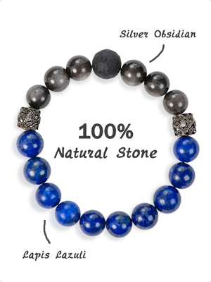 SENLLY Midnight Realm - Beaded Stretch Bracelet with Lapis Lazuli & Silver Obsidian, Handmade Natural Stone Jewelry for Clarity, Balance & Focus