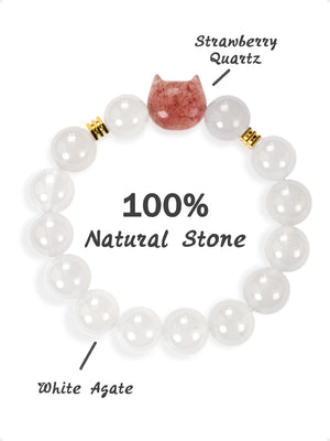 SENLLY Snowberry Cat - Beaded Stretch Bracelet with White Agate & Strawberry Quartz Cat Charm, Handmade Natural Stone Jewelry for Sweetness, Calm & Gentle Energy