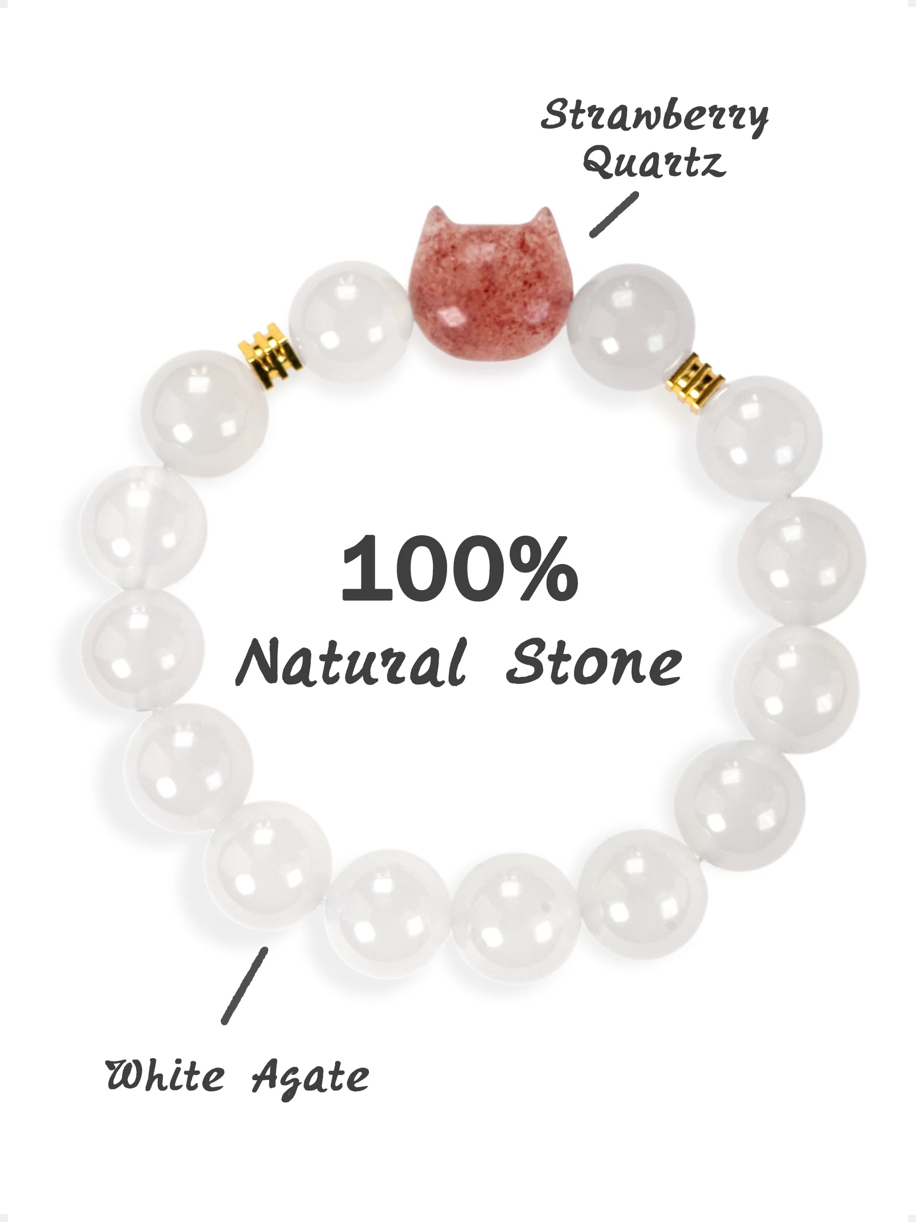 SENLLY Snowberry Cat - Beaded Stretch Bracelet with White Agate & Strawberry Quartz Cat Charm, Handmade Natural Stone Jewelry for Sweetness, Calm & Gentle Energy