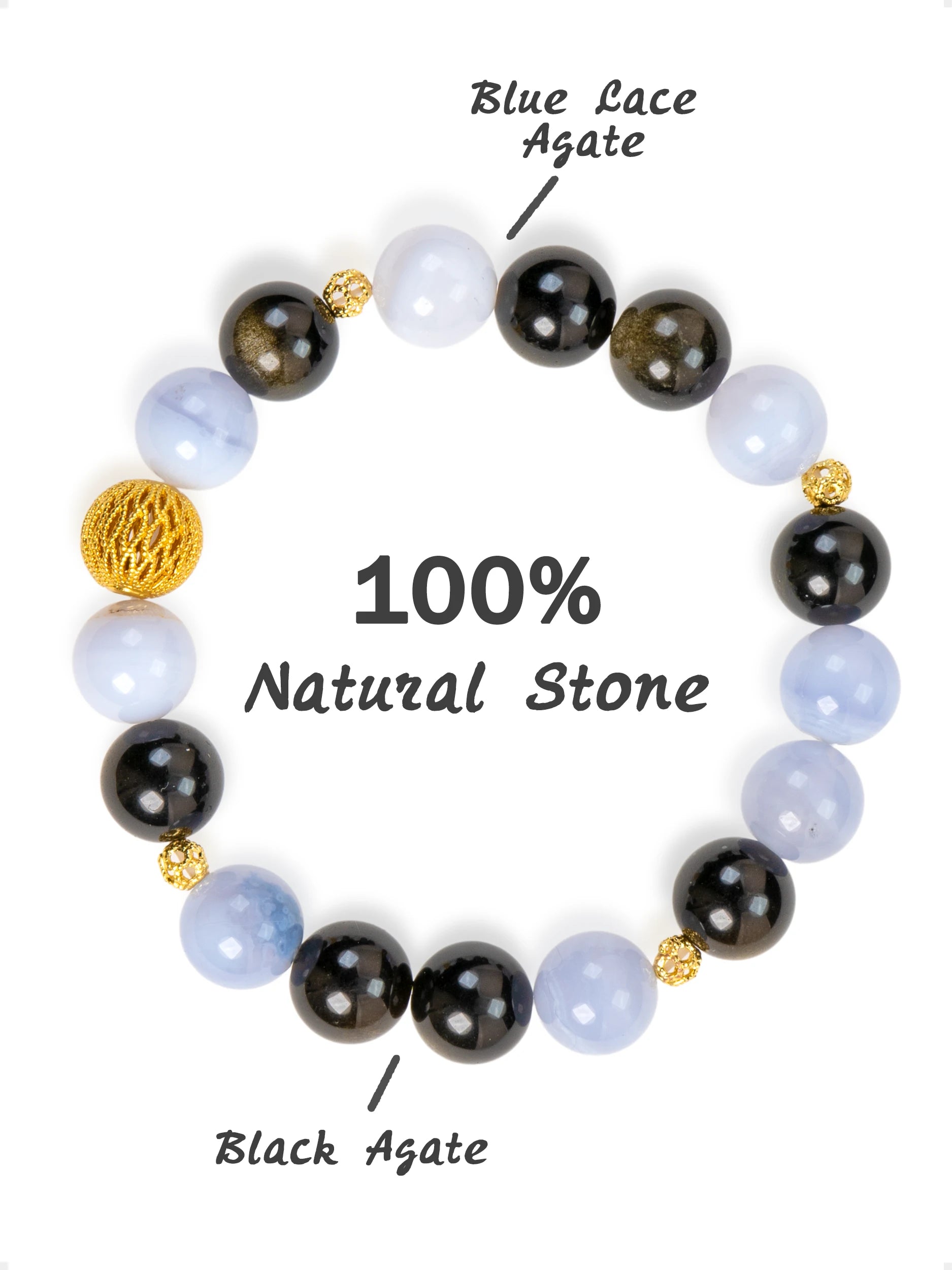 SENLLY Frosted Wave - Beaded Stretch Bracelet with Blue Lace Agate & Black Agate, Handcrafted Natural Stone Jewelry with Gold Accents for Balance, Clarity & Modern Contrast