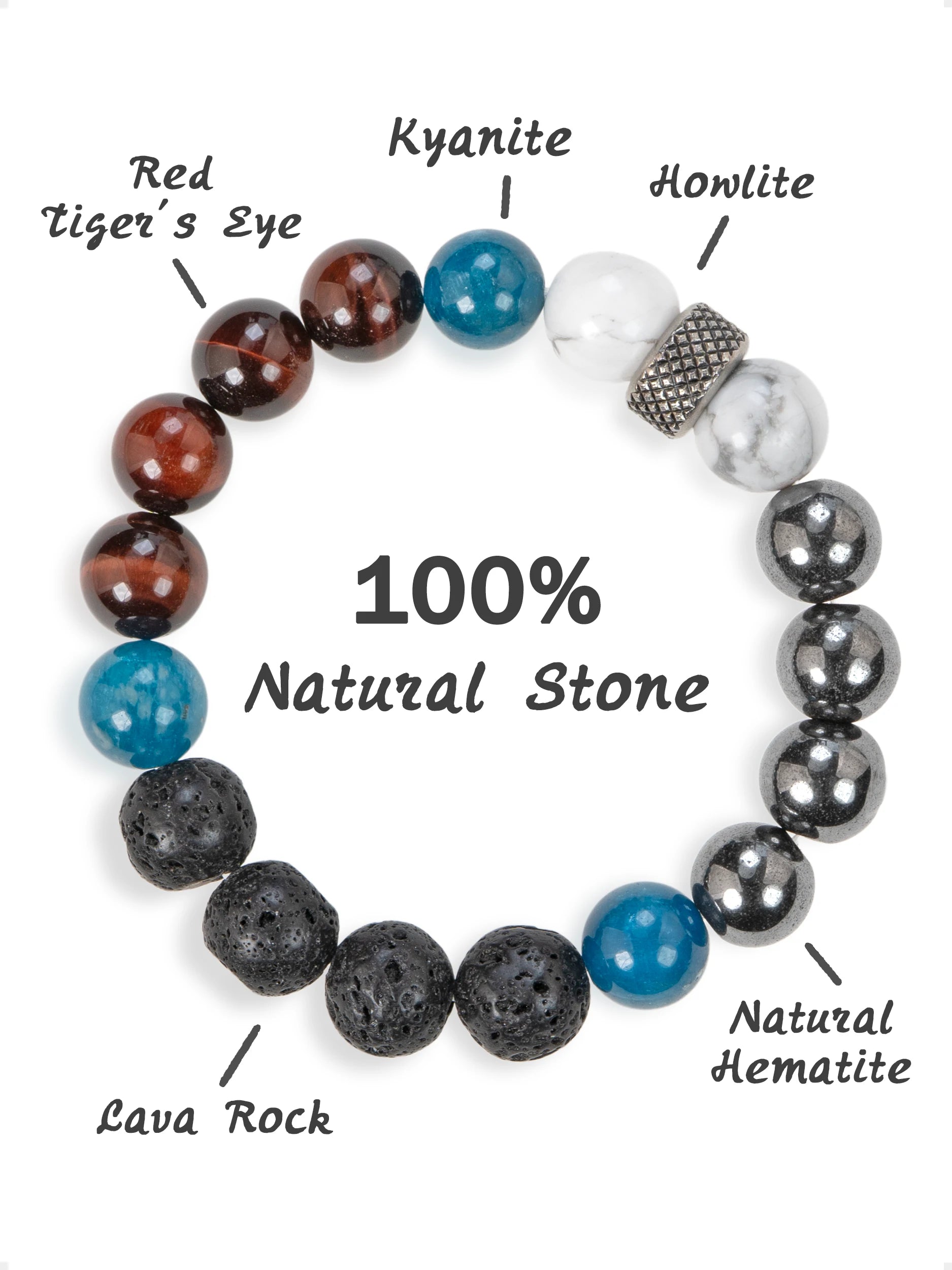 SENLLY Grounded Energy - Natural Red Tiger Eye, Kyanite, Howlite, Lava Rock & Hematite Beaded Bracelet, Handcrafted Stretch Stone Jewelry for Strength, Balance & Focus