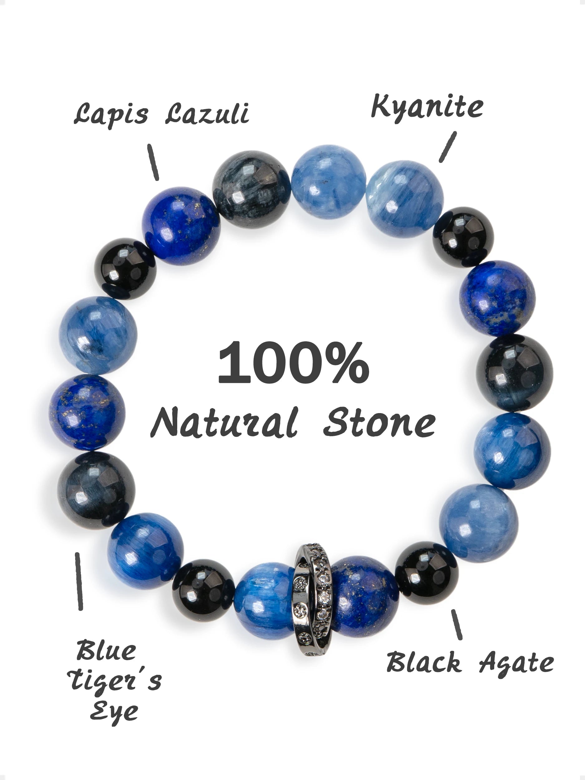 SENLLY Midnight Insight - Beaded Stretch Bracelet with Natural Lapis Lazuli, Kyanite, Blue Tiger Eye & Black Agate, Handcrafted Natural Stone Jewelry for Clarity, Focus & Confidence