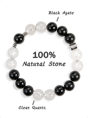 SENLLY Midnight Clarity - Handmade Black Agate & Clear Quartz Bracelet, Natural Stone Beaded Jewelry for Balance & Focus
