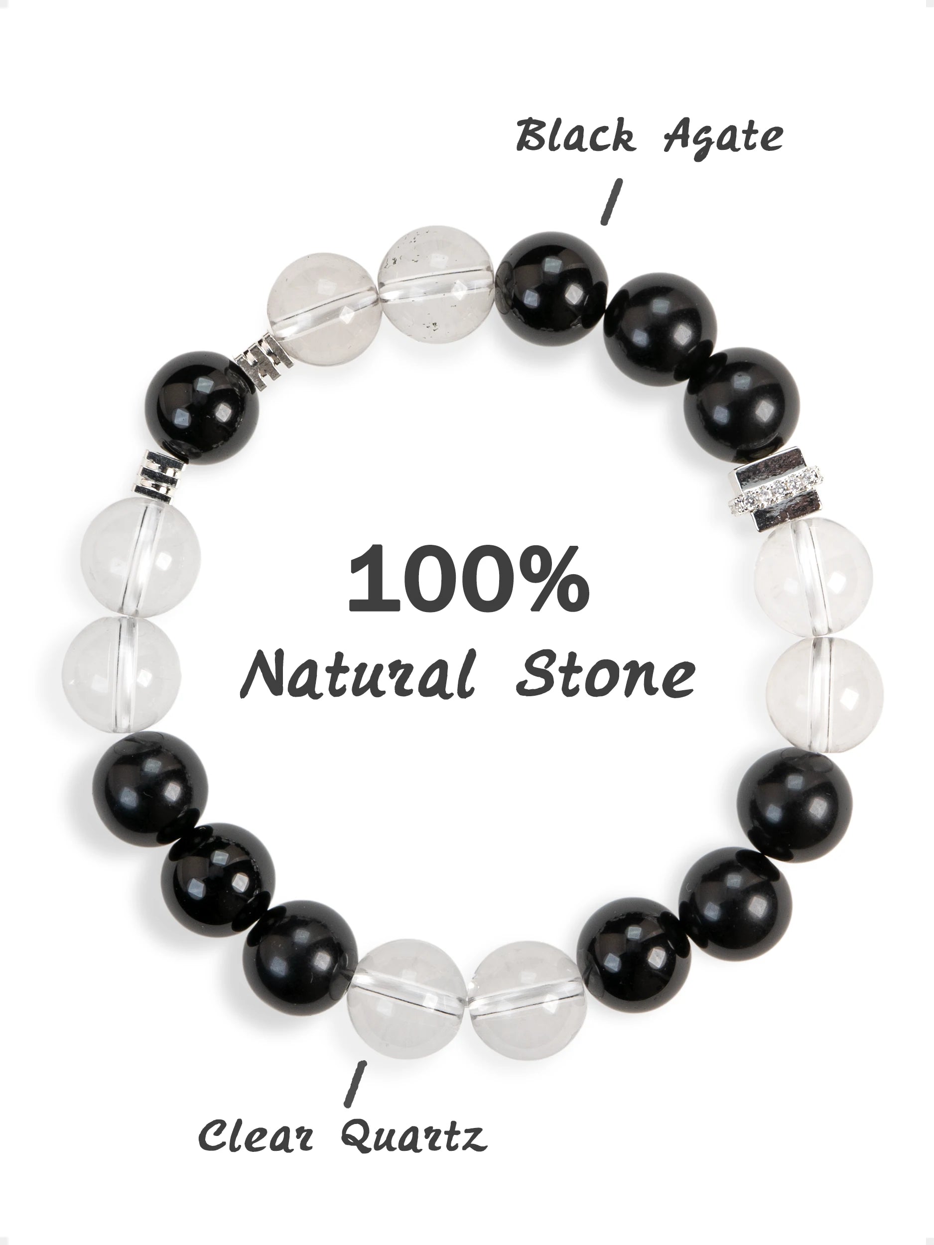 SENLLY Midnight Clarity - Handmade Black Agate & Clear Quartz Bracelet, Natural Stone Beaded Jewelry for Balance & Focus