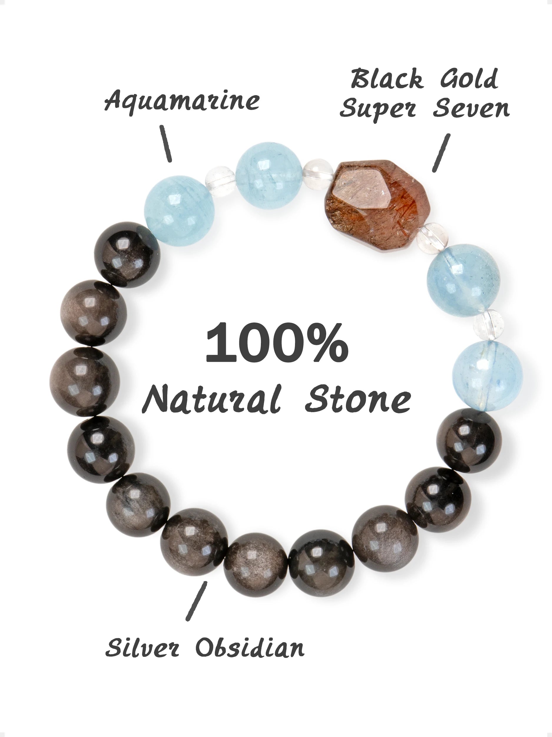 SENLLY Ocean Night Guardian - Beaded Bracelet with Natural Aquamarine, Silver Obsidian & Clear Quartz, Handcrafted Natural Stone Jewelry Featuring a Black Gold Super Seven Centerpiece