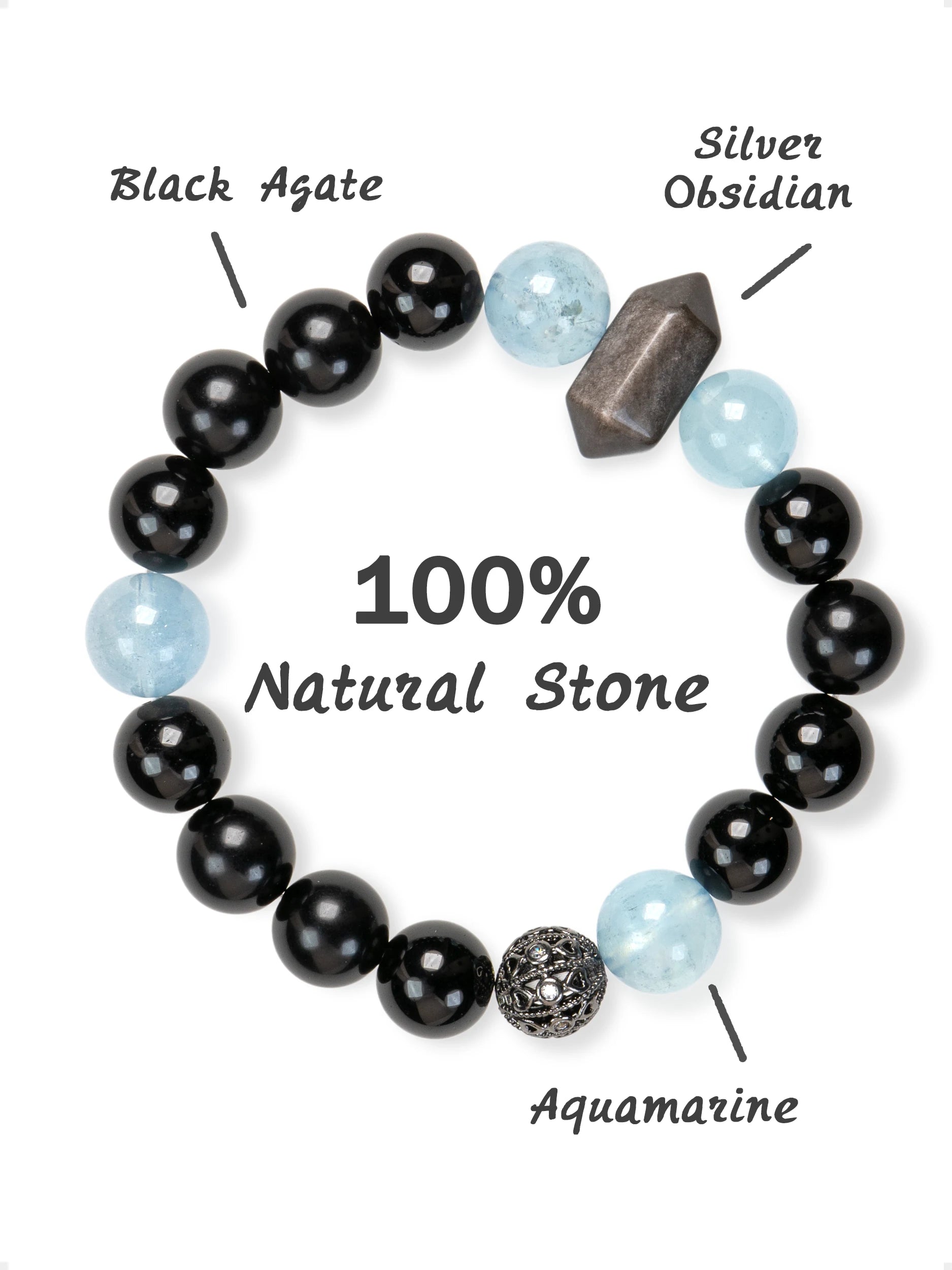 SENLLY Arctic Shadow - Aquamarine, Black Agate & Silver Obsidian Bracelet, Handcrafted Natural Stone Jewelry for Calm, Strength & Modern Style