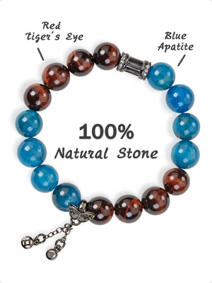 SENLLY Crimson Tide - Beaded Stretch Bracelet with Natural Blue Apatite & Red Tiger Eye, Handcrafted Natural Stone Jewelry for Strength, Motivation & Focus