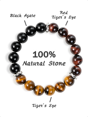 SENLLY Shadow Valor - Beaded Stretch Bracelet with Natural Black Agate, Tiger Eye & Red Tiger Eye, Handcrafted Natural Stone Jewelry for Strength, Confidence & Grounding