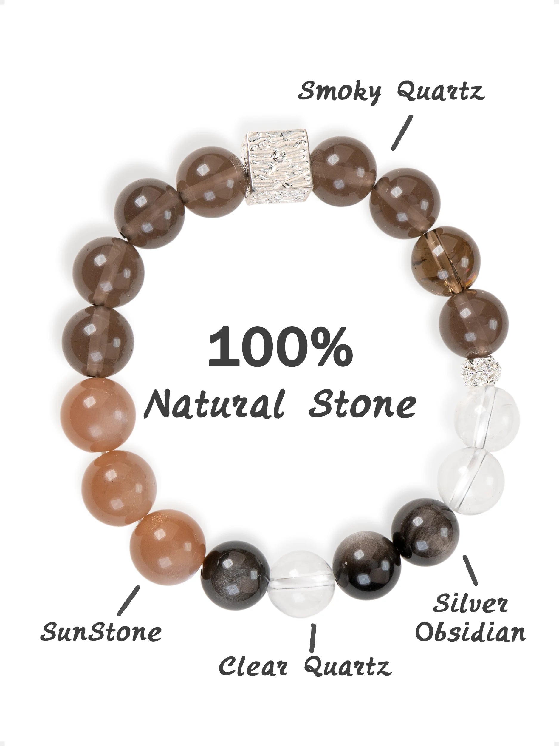 SENLLY Ember Balance - Beaded Stretch Bracelet with Natural Smoky Quartz, Sunstone & Silver Obsidian, Handcrafted Natural Stone Jewelry for Strength, Clarity & Grounding