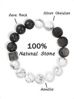 SENLLY Shadow Axis - Beaded Stretch Bracelet with Natural Lava Rock, Howlite & Silver Obsidian, Handcrafted Natural Stone Jewelry for Strength, Clarity & Grounding
