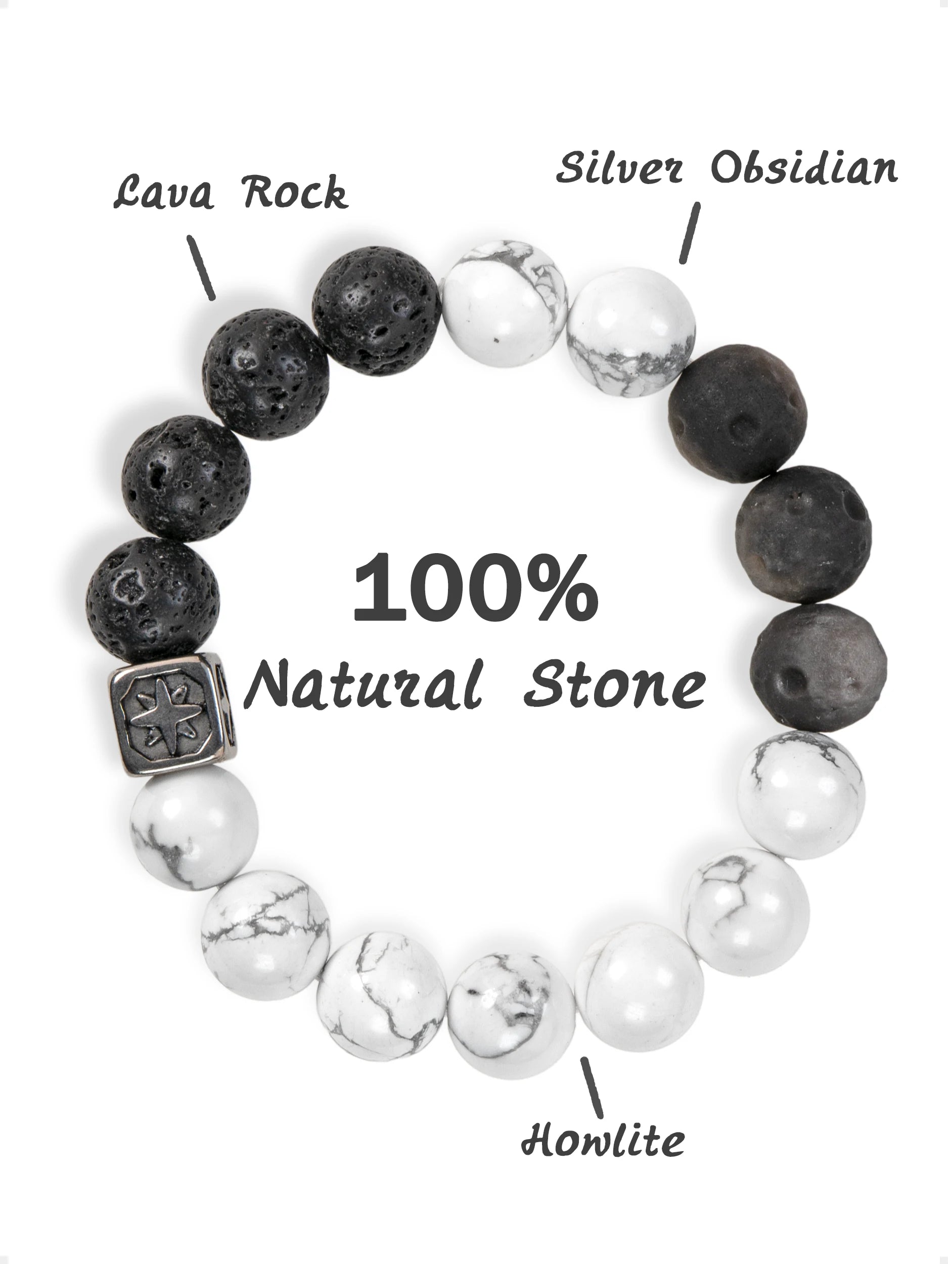 SENLLY Shadow Axis - Beaded Stretch Bracelet with Natural Lava Rock, Howlite & Silver Obsidian, Handcrafted Natural Stone Jewelry for Strength, Clarity & Grounding