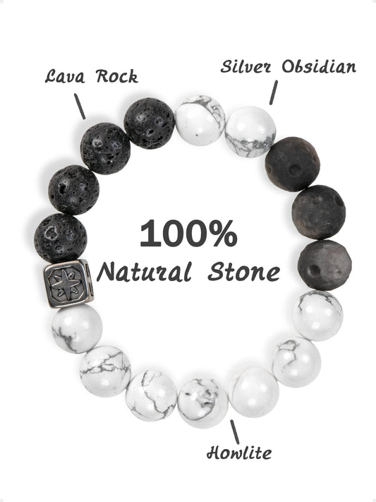 SENLLY Shadow Axis - Beaded Stretch Bracelet with Natural Lava Rock, Howlite & Silver Obsidian, Handcrafted Natural Stone Jewelry for Strength, Clarity & Grounding