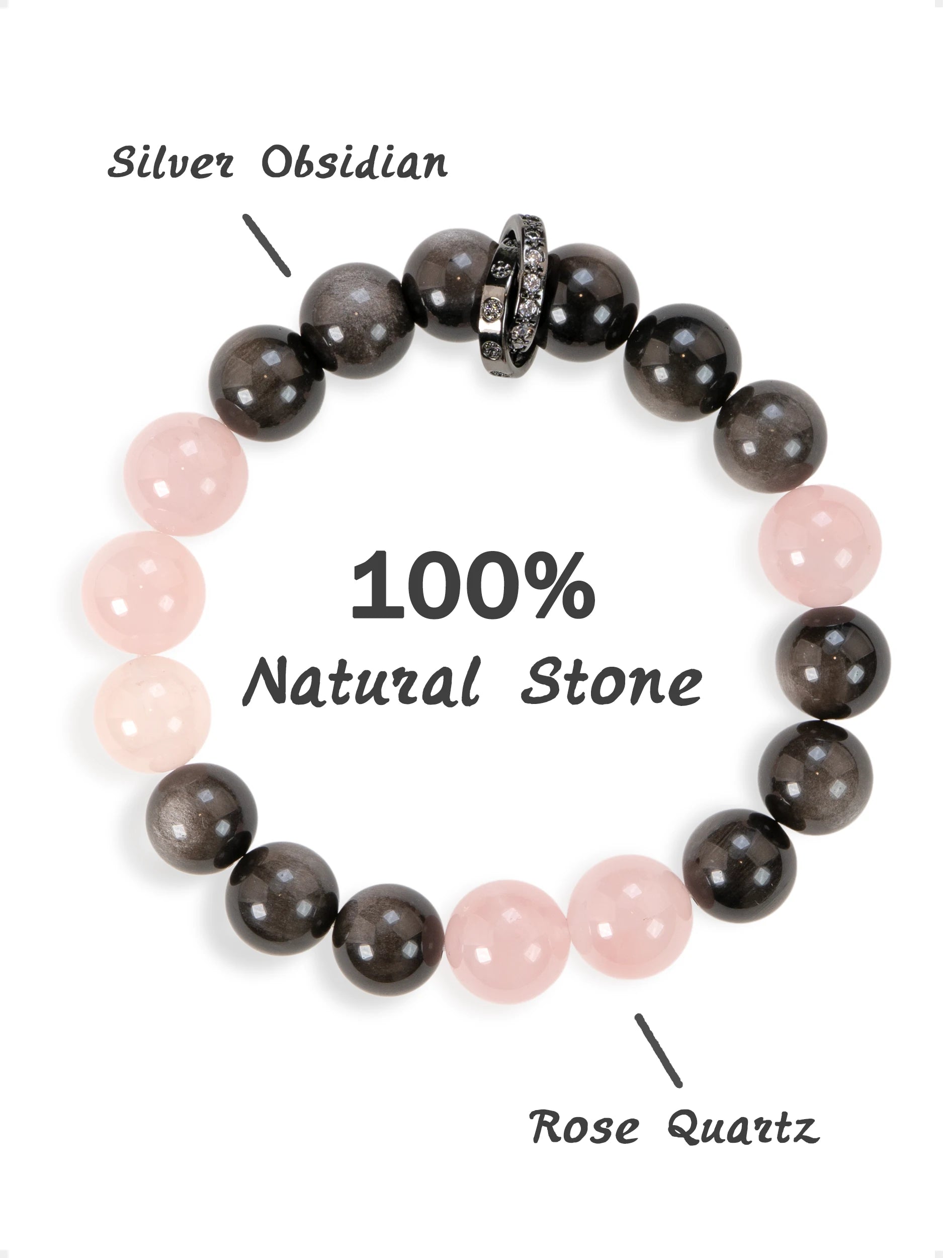 SENLLY Soft Eclipse - Beaded Stretch Bracelet with Silver Obsidian & Rose Quartz, Handcrafted Natural Stone Jewelry for Calm, Balance & Clarity