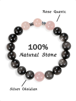 SENLLY Midnight Rose - Beaded Stretch Bracelet with Silver Obsidian & Rose Quartz, Handmade Natural Stone Jewelry for Balance, Protection & Emotional Clarity