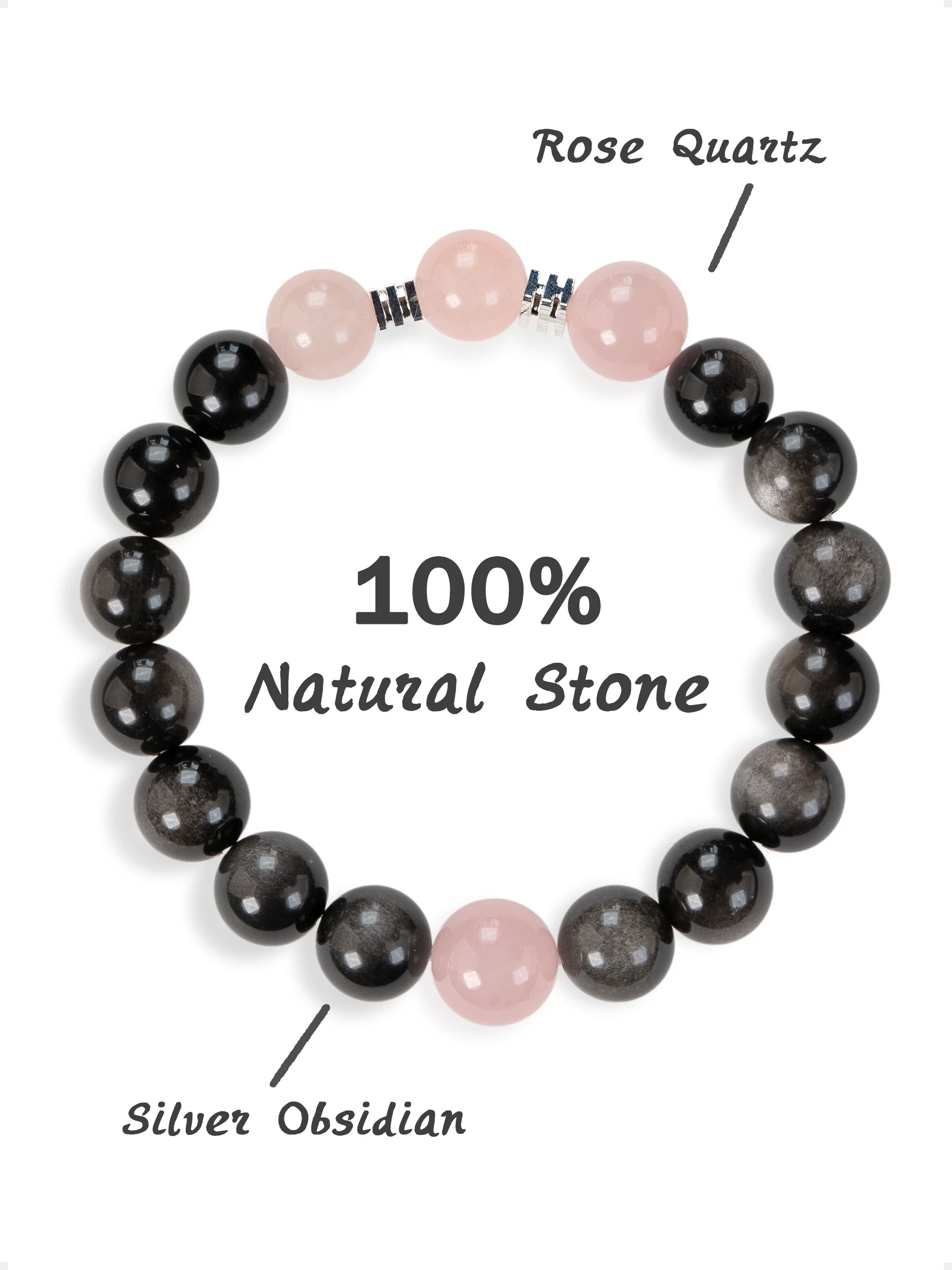 SENLLY Midnight Rose - Beaded Stretch Bracelet with Silver Obsidian & Rose Quartz, Handmade Natural Stone Jewelry for Balance, Protection & Emotional Clarity