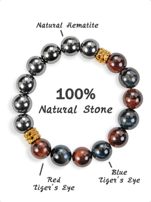 SENLLY Dual Tiger Aura - Beaded Stretch Bracelet with Natural Hematite, Red Tiger Eye & Blue Tiger Eye, Handcrafted Natural Stone Jewelry for Focus, Balance & Confidence