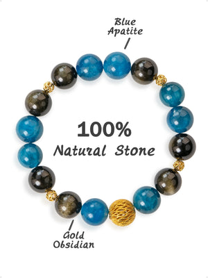 SENLLY Ocean Ember - Beaded Stretch Bracelet with Natural Blue Apatite & Gold Obsidian, Handcrafted Natural Stone Jewelry with Gold Accents for Strength, Balance & Modern Contrast