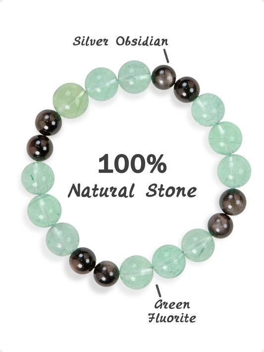 SENLLY Verdant Shield - Beaded Stretch Bracelet with Natural Green Fluorite & Silver Obsidian, Handcrafted Natural Stone Jewelry for Clarity & Protection