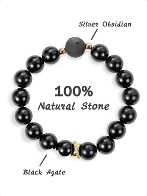 SENLLY Midnight Guardian - Beaded Stretch Bracelet with Natural Black Agate & Silver Obsidian, Handcrafted Natural Stone Jewelry for Protection, Strength & Grounding