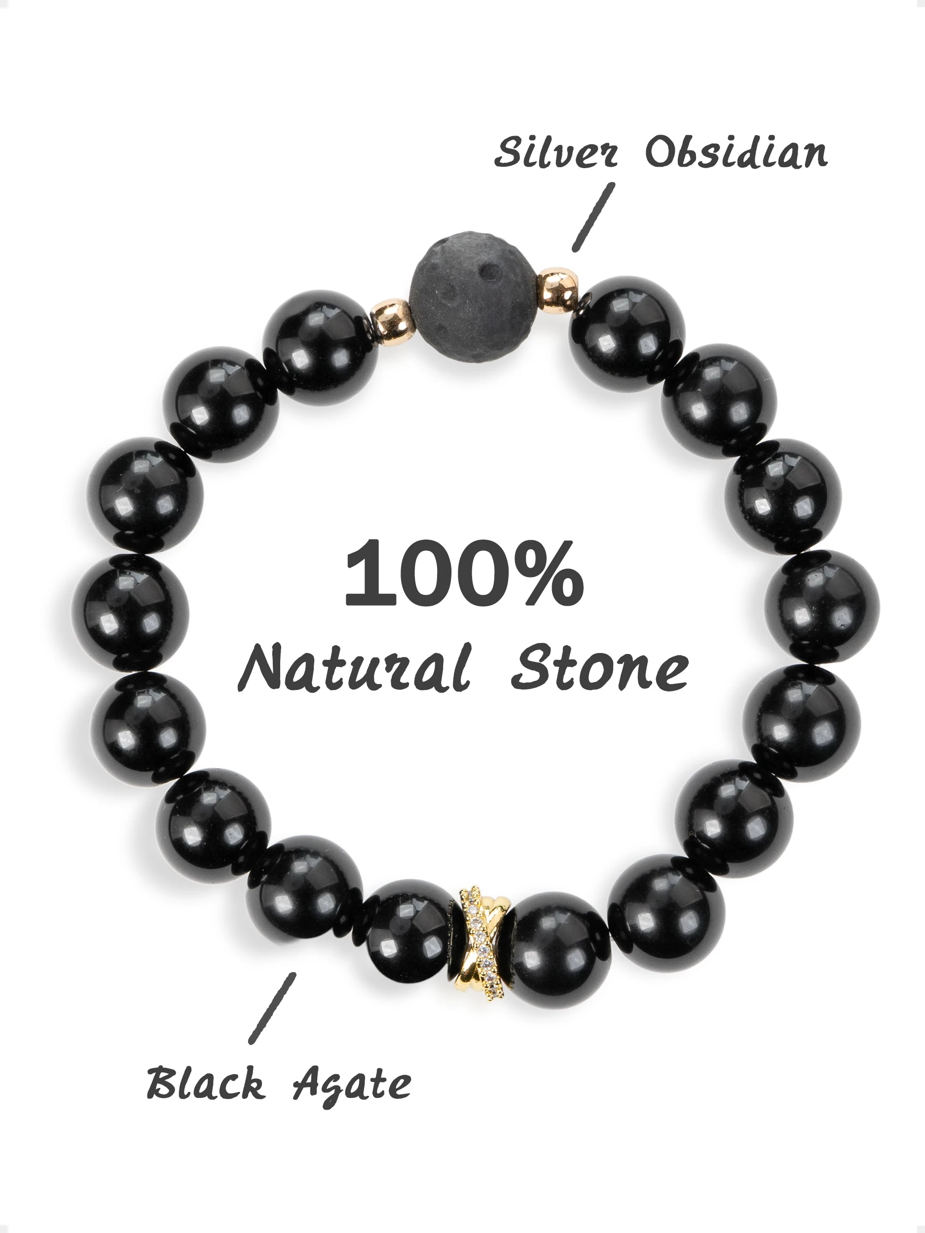 SENLLY Midnight Guardian - Beaded Stretch Bracelet with Natural Black Agate & Silver Obsidian, Handcrafted Natural Stone Jewelry for Protection, Strength & Grounding