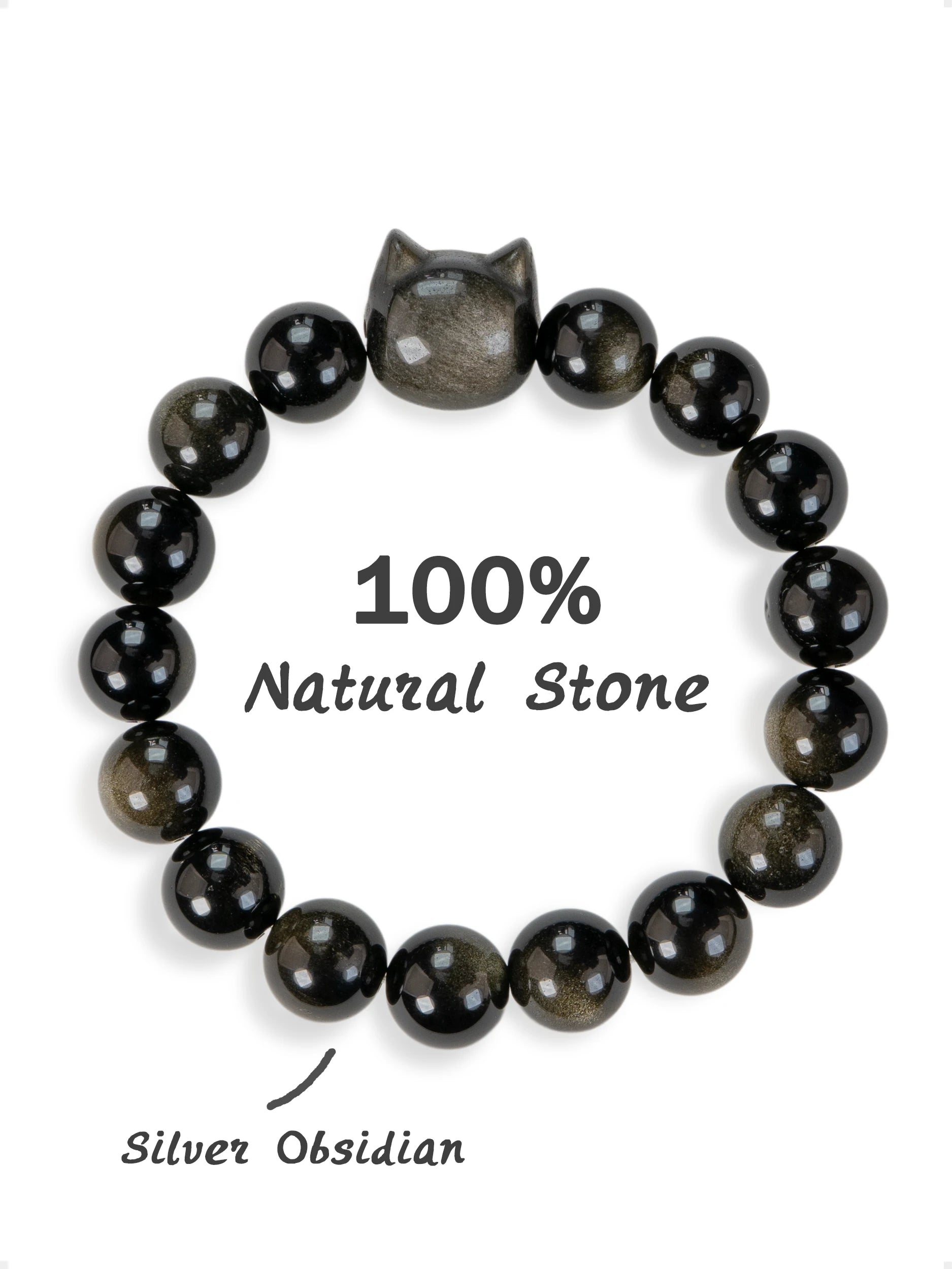 SENLLY Shadow Cat Guardian - Beaded Stretch Bracelet with Silver Obsidian & Cat Head Carving, Handmade Natural Stone Jewelry for Protection, Clarity & Balance