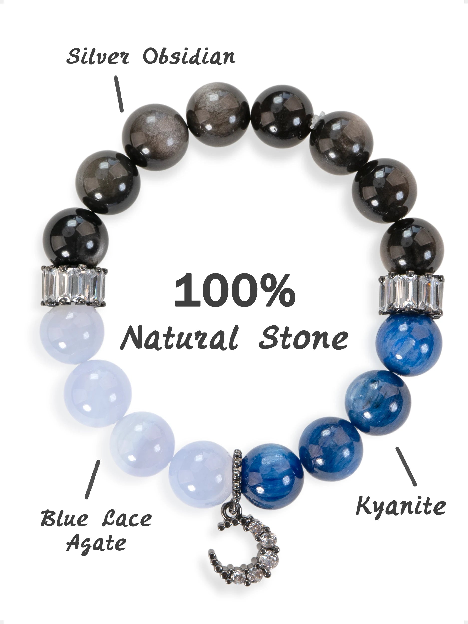 SENLLY Moonlit Serenity - Beaded Bracelet with Silver Obsidian, Blue Lace Agate & Kyanite, Handmade Natural Stone Jewelry with Crescent Charm for Protection & Clarity