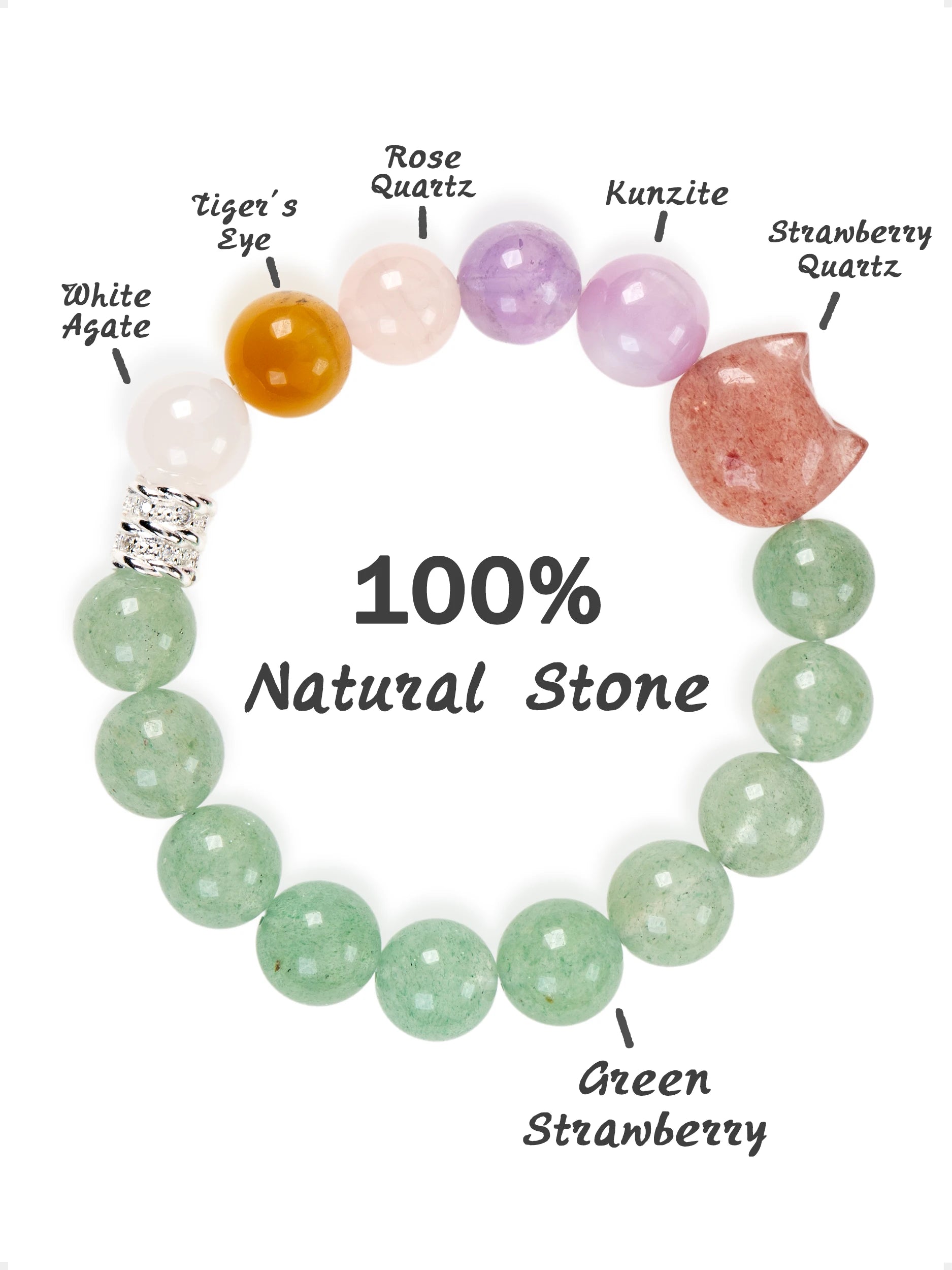 SENLLY Blossom Aura - Beaded Stretch Bracelet with Natural Strawberry Quartz, Kunzite & Green Strawberry Quartz, Handcrafted Natural Stone Jewelry for Love, Harmony & Emotional Clarity