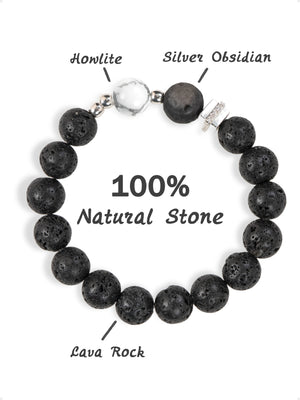 SENLLY Shadow Guardian - Beaded Stretch Bracelet with Natural Lava Rock, Silver Obsidian & Howlite, Handcrafted Natural Stone Jewelry for Strength, Focus & Grounding