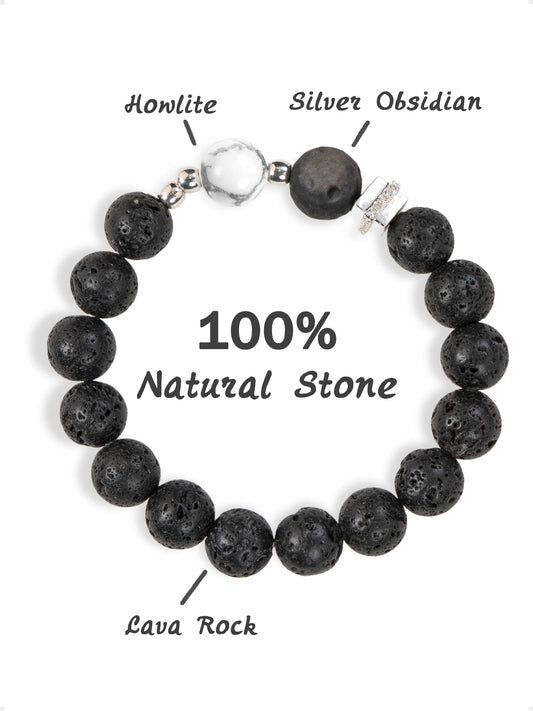 SENLLY Shadow Guardian - Beaded Stretch Bracelet with Natural Lava Rock, Silver Obsidian & Howlite, Handcrafted Natural Stone Jewelry for Strength, Focus & Grounding