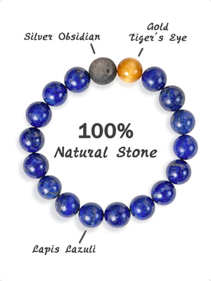 SENLLY Midnight Focus - Beaded Stretch Bracelet with Lapis Lazuli, Silver Obsidian & Gold Tiger Eye, Handcrafted Natural Stone Jewelry for Clarity, Strength & Balance