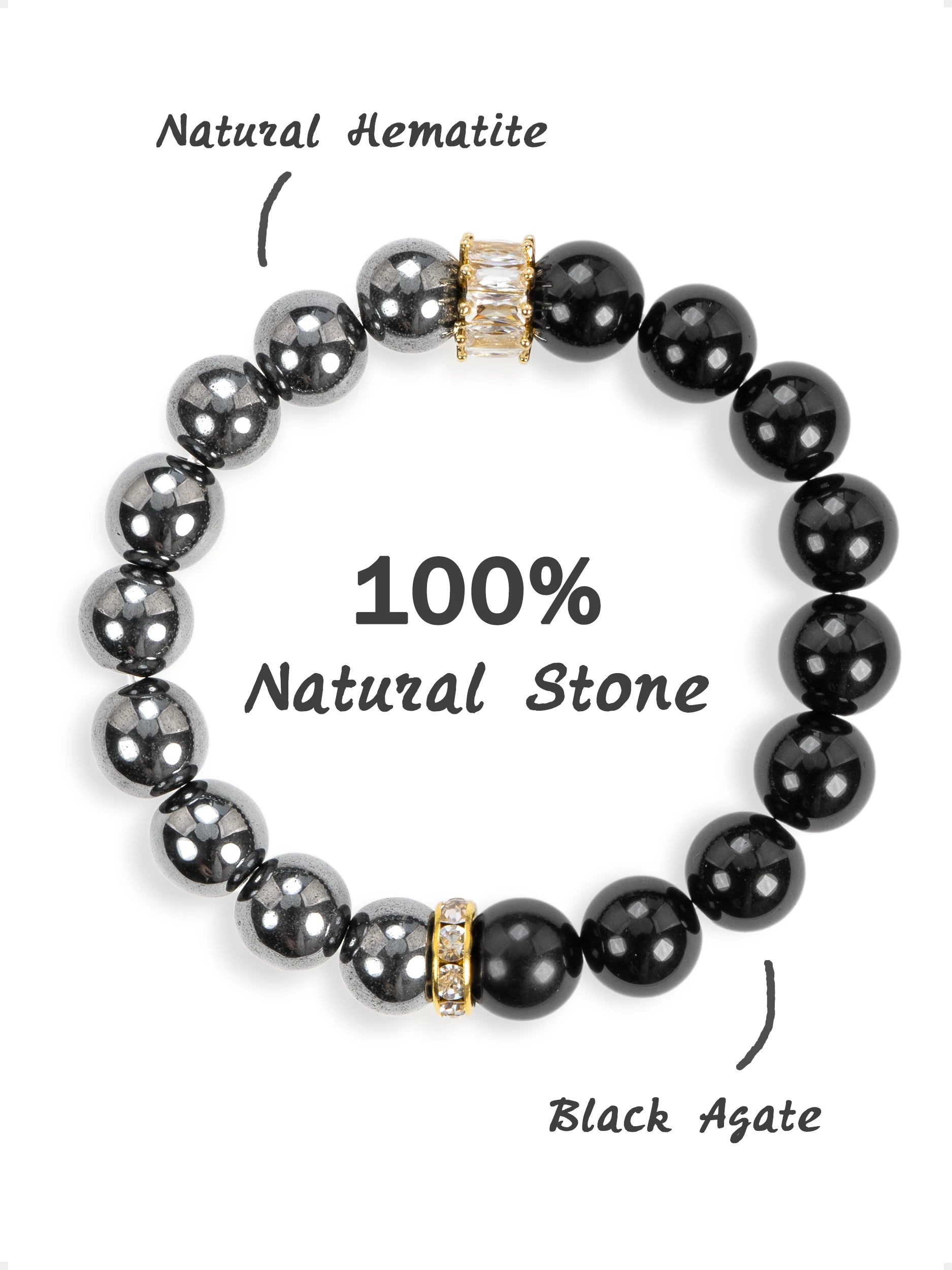 SENLLY Ironbound Focus - Beaded Stretch Bracelet with Hematite & Black Agate, Handmade Natural Stone Jewelry for Strength, Clarity & Grounded Confidence
