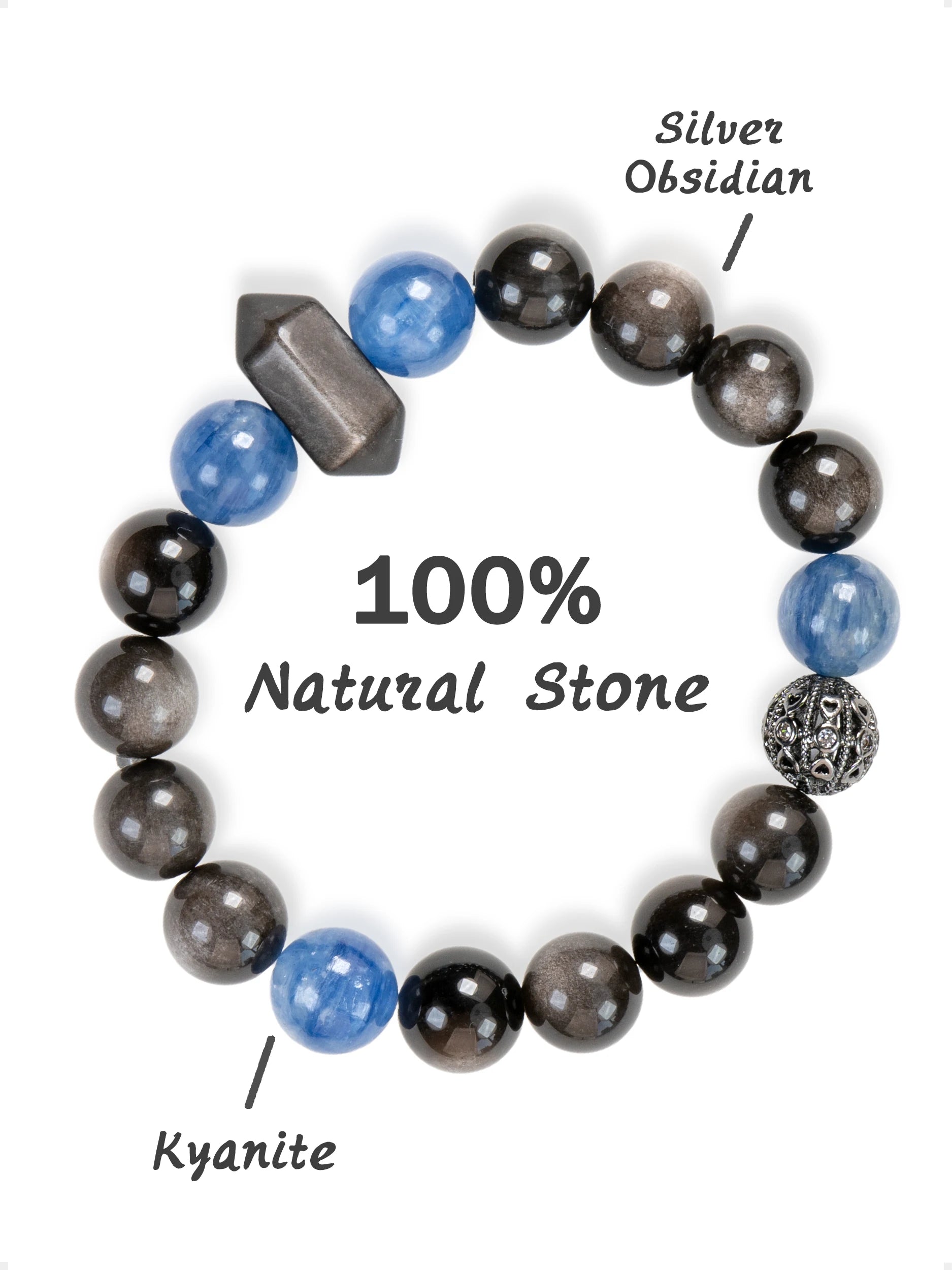 SENLLY Midnight Clarity - Kyanite & Silver Obsidian Bracelet, Handcrafted Natural Stone Jewelry for Focus, Balance & Modern Style